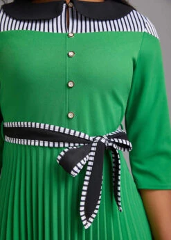 Green Button Pleated Striped Belted Dress -Modlily Shop 333468 P 16849978813025