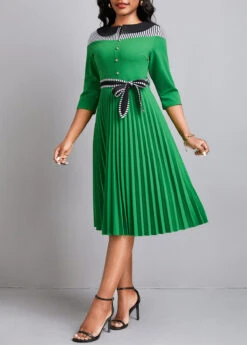 Green Button Pleated Striped Belted Dress -Modlily Shop 333468 P 16849978814134