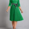 Green Button Pleated Striped Belted Dress -Modlily Shop 333468 P 16849978818560