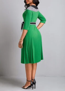 Green Button Pleated Striped Belted Dress -Modlily Shop 333468 P 16849978818681