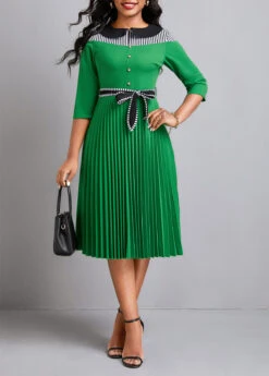 Green Button Pleated Striped Belted Dress -Modlily Shop 333468 P 16849978819192