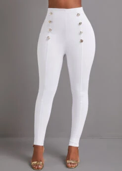 White Button Skinny Elastic Waist High Waisted Pants -Modlily Shop 333478 P 16839798541060