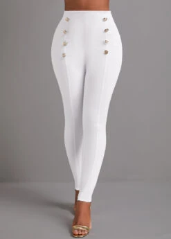 White Button Skinny Elastic Waist High Waisted Pants -Modlily Shop 333478 P 16839798559073