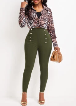 Green Button Skinny Elastic Waist High Waisted Pants -Modlily Shop 333479 P 16839798562164