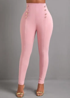 Pink Button Skinny Elastic Waist High Waisted Pants -Modlily Shop 333480 P 16838868567463