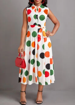 White Button Polka Dot Sleeveless Dress