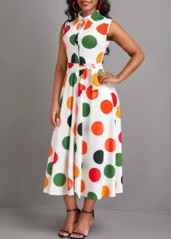 White Button Polka Dot Sleeveless Dress -Modlily Shop 333532 P 16853380848823