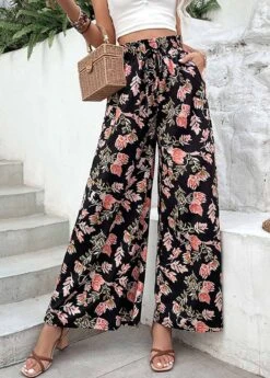 Black Lightweigh Floral Print Elastic Waist Pants
