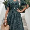Blackish Green Button Polka Dot Short Sleeve Dress