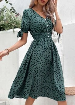 Blackish Green Button Polka Dot Short Sleeve Dress -Modlily Shop 333556 P 1683595973440