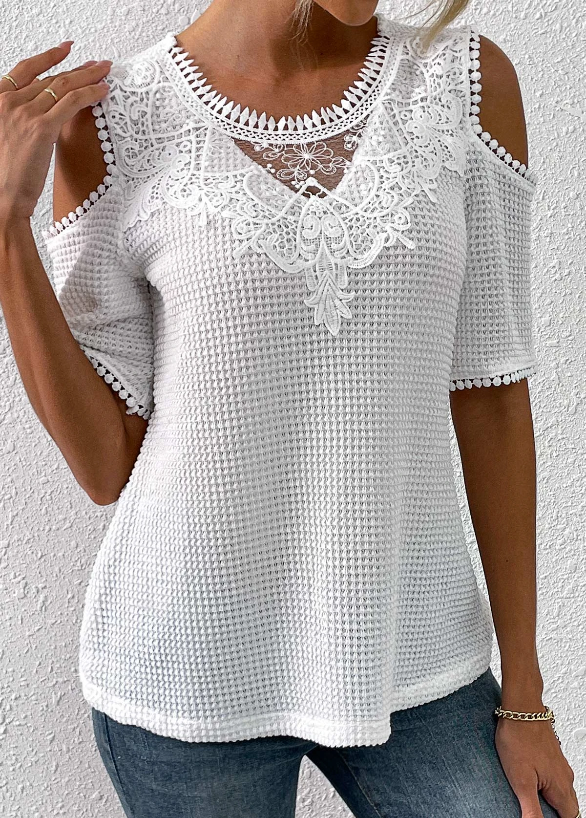 White Lace Half Sleeve Round Neck T Shirt 7 White Lace Half Sleeve Round Neck T Shirt - Image 5