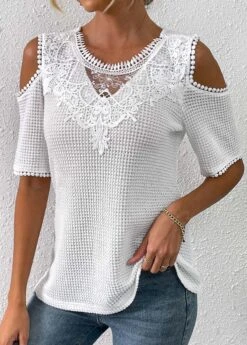 White Lace Half Sleeve Round Neck T Shirt 10 White Lace Half Sleeve Round Neck T Shirt -Modlily Shop 333578 P 16856140267852