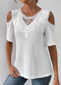 White Lace Half Sleeve Round Neck T Shirt