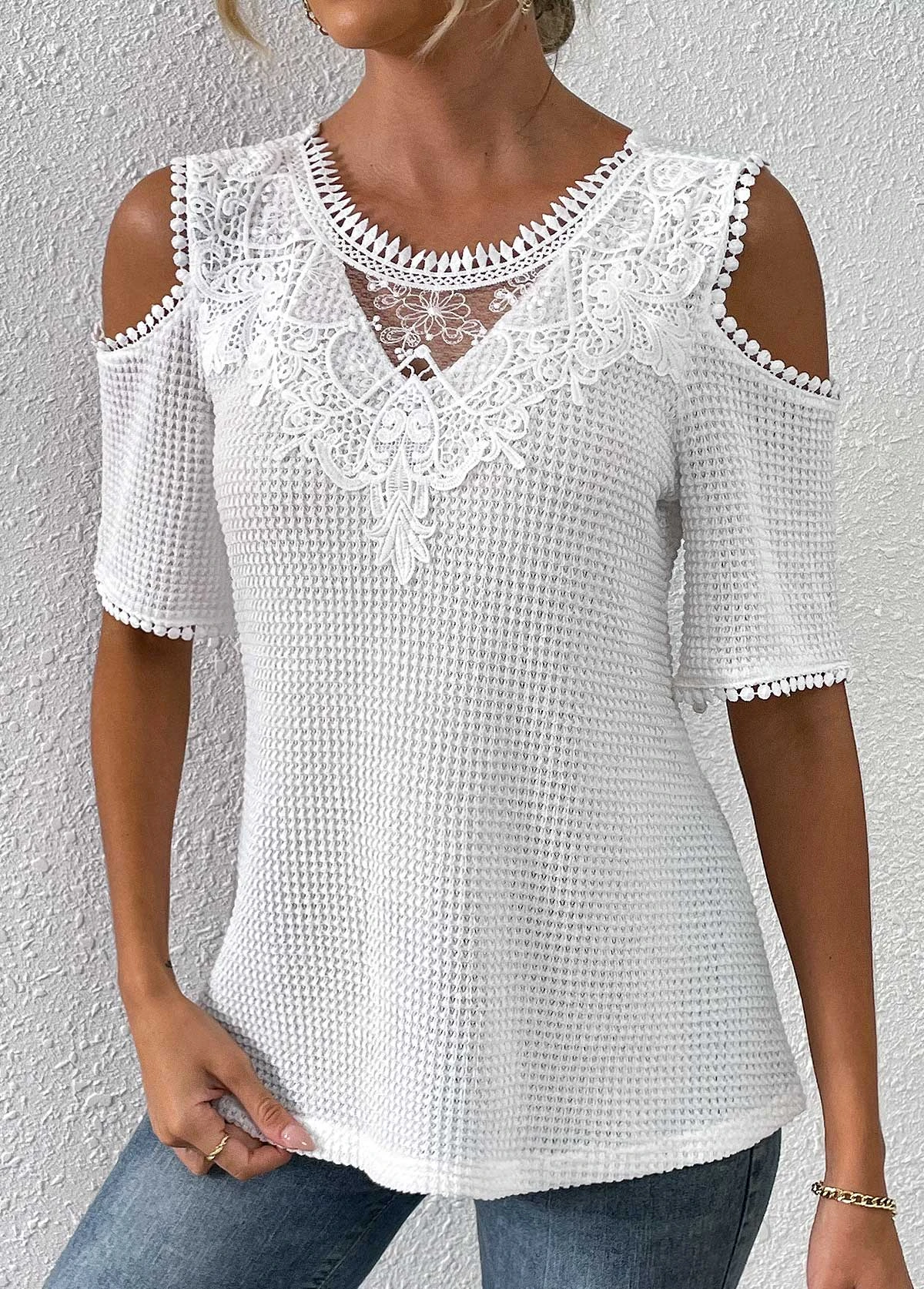 White Lace Half Sleeve Round Neck T Shirt 3 White Lace Half Sleeve Round Neck T Shirt
