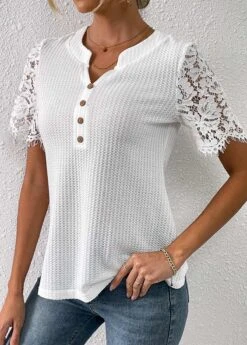 White Lace Half Sleeve Split Neck T Shirt -Modlily Shop 333579 P 16856140316442