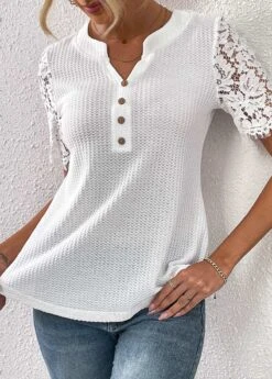 White Lace Half Sleeve Split Neck T Shirt -Modlily Shop 333579 P 16856140317073
