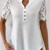 White Lace Half Sleeve Split Neck T Shirt