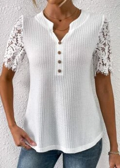 White Lace Half Sleeve Split Neck T Shirt