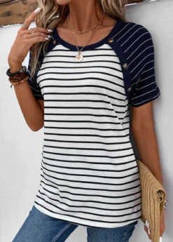 Navy Patchwork Striped Short Sleeve T Shirt -Modlily Shop 333587 P 16855265257012