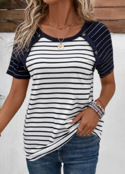 Navy Patchwork Striped Short Sleeve T Shirt -Modlily Shop 333587 P 16855265259954