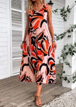 Orange Plants Print Sleeveless Shift Dress