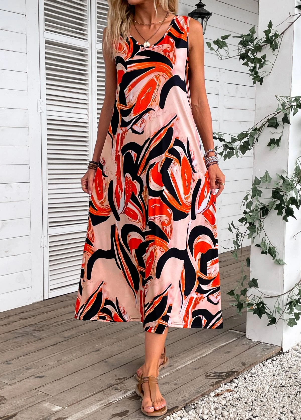 Orange Plants Print Sleeveless Shift Dress 3 Orange Plants Print Sleeveless Shift Dress