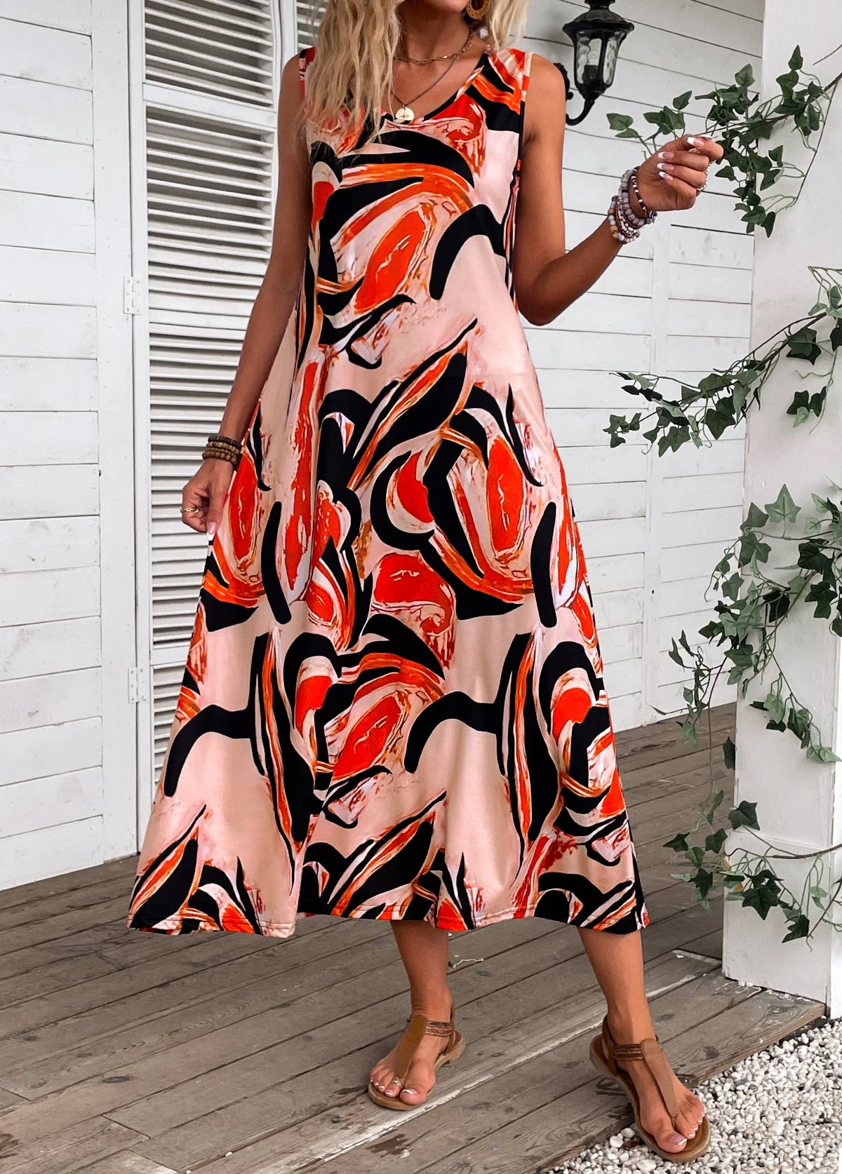 Orange Plants Print Sleeveless Shift Dress 5 Orange Plants Print Sleeveless Shift Dress - Image 3