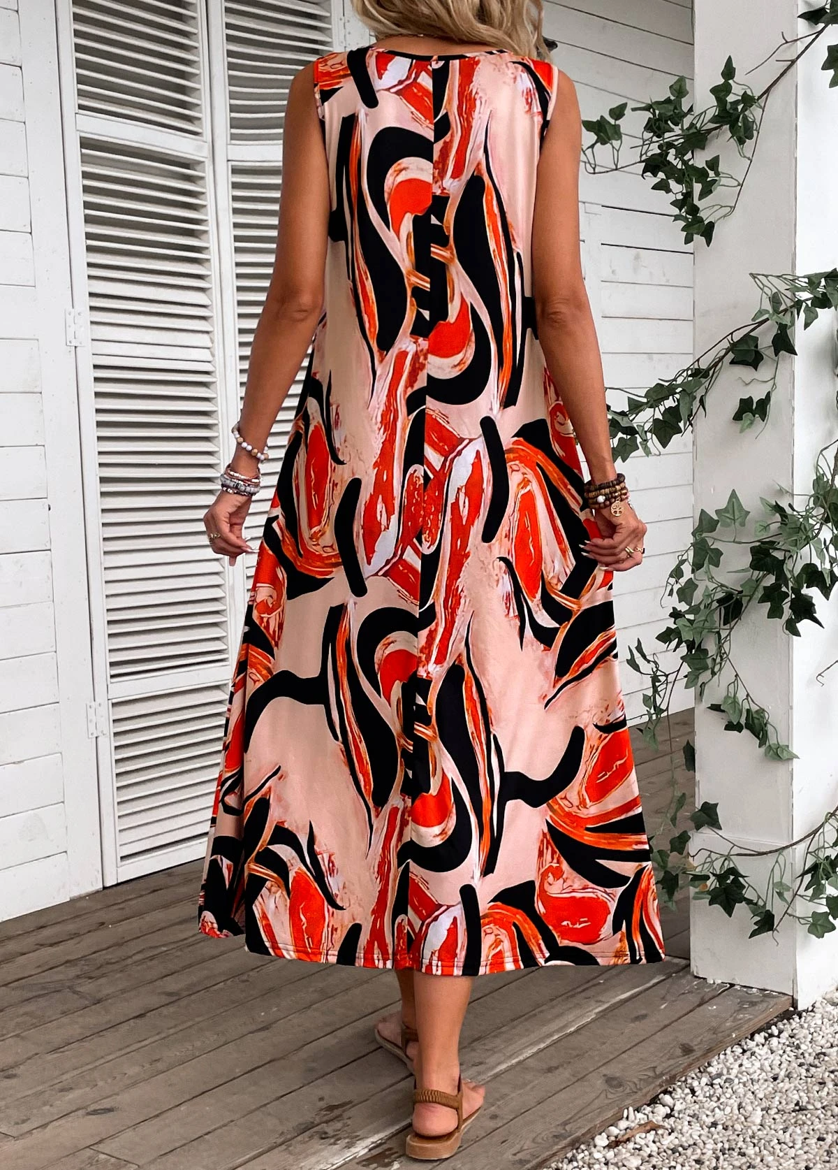 Orange Plants Print Sleeveless Shift Dress 4 Orange Plants Print Sleeveless Shift Dress - Image 2
