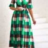 Green Tie Plaid Belted Half Sleeve Dress -Modlily Shop 333608 P 16866558861223