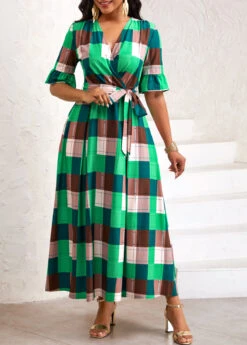 Green Tie Plaid Belted Half Sleeve Dress