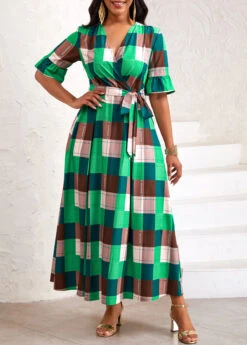 Green Tie Plaid Belted Half Sleeve Dress -Modlily Shop 333608 P 16866558863804