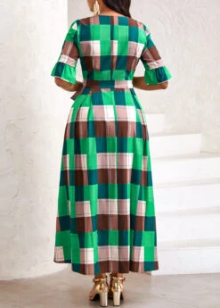 Green Tie Plaid Belted Half Sleeve Dress -Modlily Shop 333608 P 16866558865771