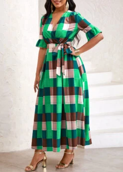Green Tie Plaid Belted Half Sleeve Dress -Modlily Shop 333608 P 16866558867492