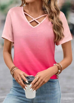 Hot Pink Criss Cross Ombre T Shirt -Modlily Shop 333632 P 1683700563279