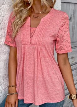 Peach Red Patchwork Short Sleeve T Shirt -Modlily Shop 333730 P 16866561553862