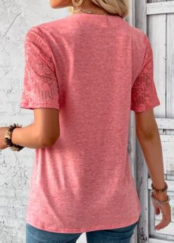 Peach Red Patchwork Short Sleeve T Shirt -Modlily Shop 333730 P 16866561554381