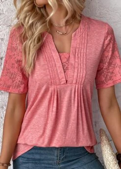 Peach Red Patchwork Short Sleeve T Shirt -Modlily Shop 333730 P 16866561554764