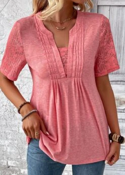 Peach Red Patchwork Short Sleeve T Shirt -Modlily Shop 333730 P 16866561558743