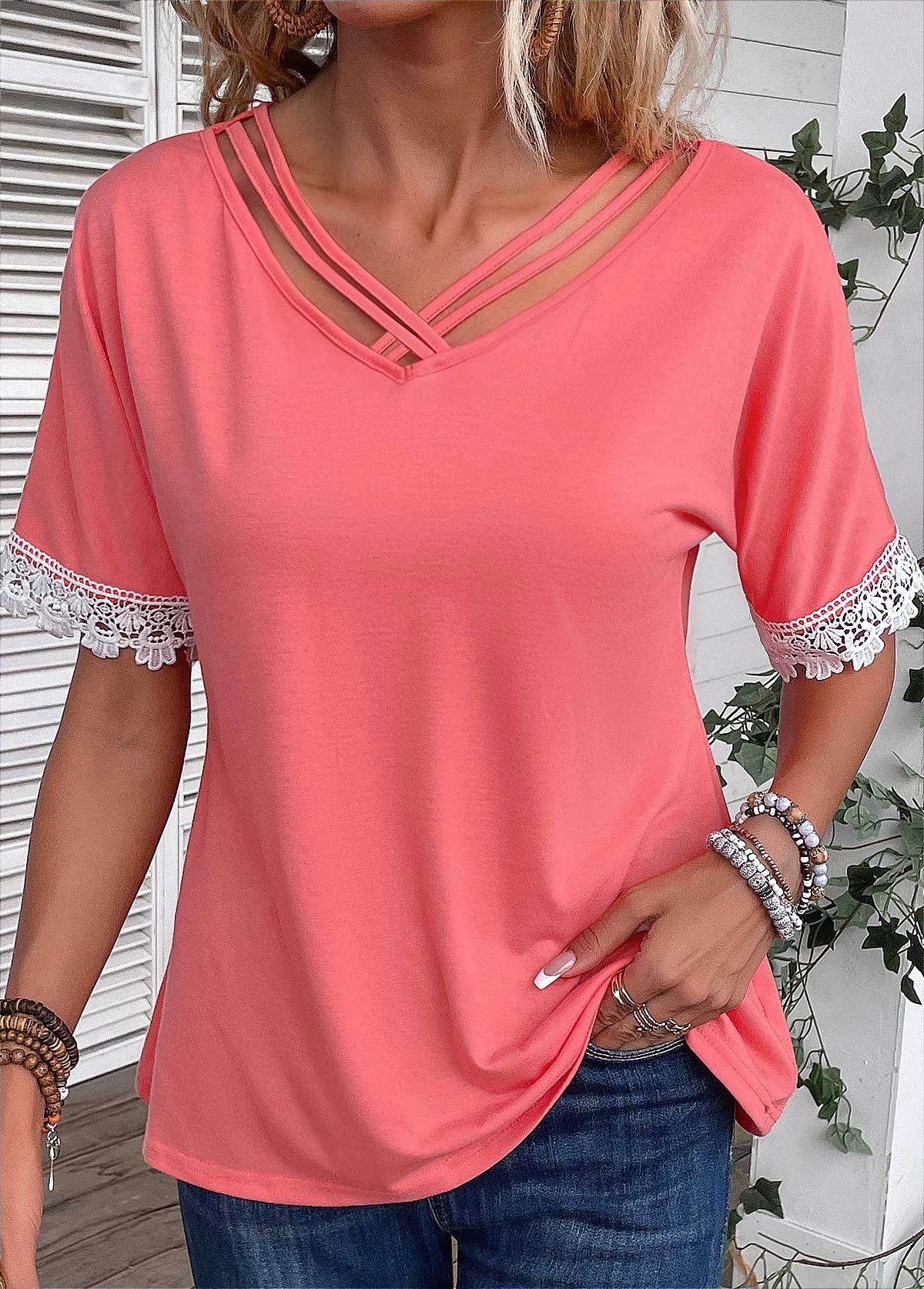 Peach Red Patchwork Half Sleeve T Shirt 8 Peach Red Patchwork Half Sleeve T Shirt - Image 6