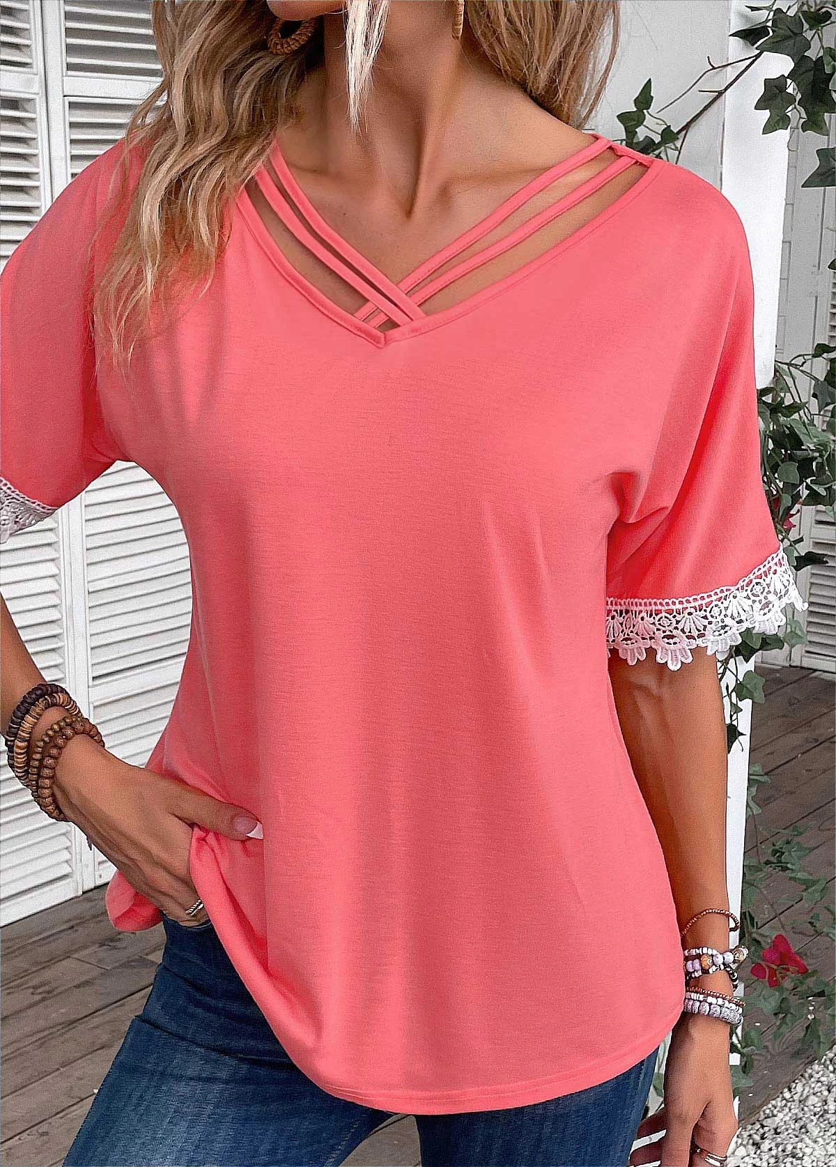 Peach Red Patchwork Half Sleeve T Shirt 6 Peach Red Patchwork Half Sleeve T Shirt - Image 4