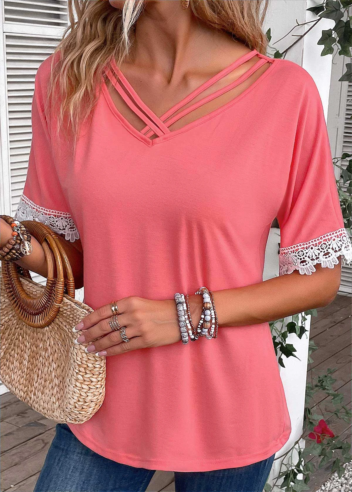 Peach Red Patchwork Half Sleeve T Shirt 7 Peach Red Patchwork Half Sleeve T Shirt - Image 5