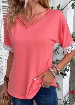 Peach Red Patchwork Half Sleeve T Shirt