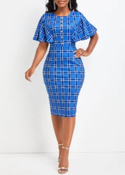 Blue Button Plaid Short Sleeve Bodycon Dress -Modlily Shop 333940 P 16873431331243