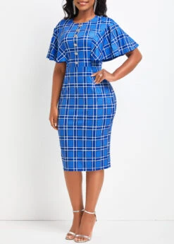 Blue Button Plaid Short Sleeve Bodycon Dress -Modlily Shop 333940 P 16873431331782