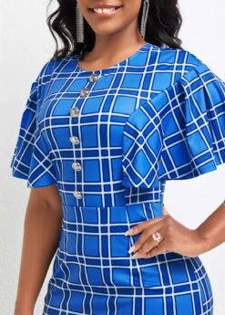 Blue Button Plaid Short Sleeve Bodycon Dress -Modlily Shop 333940 P 16873431332474