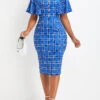Blue Button Plaid Short Sleeve Bodycon Dress -Modlily Shop 333940 P 16873431337930