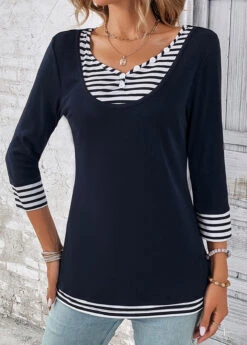 Navy Fake 2in1 Striped T Shirt 13 Navy Fake 2in1 Striped T Shirt -Modlily Shop 333952 P 16879426550225