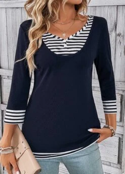 Navy Fake 2in1 Striped T Shirt