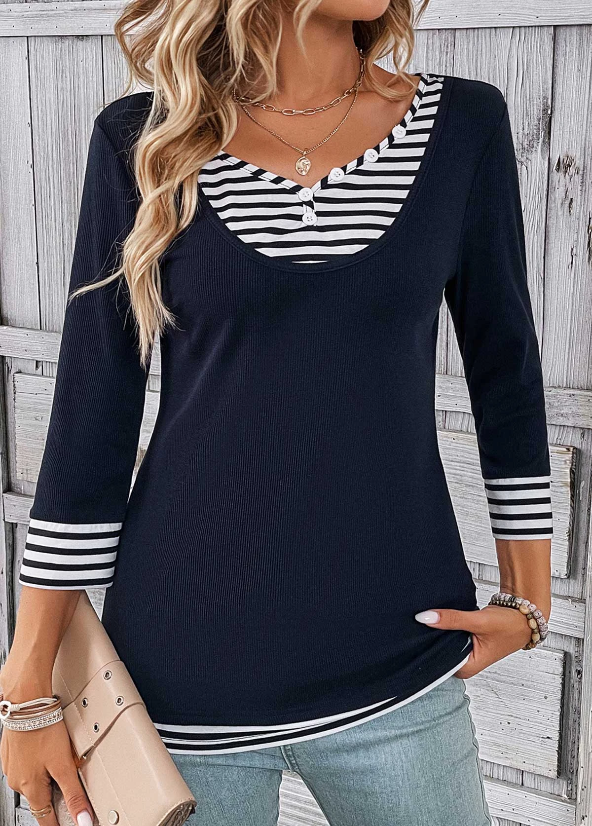 Navy Fake 2in1 Striped T Shirt 3 Navy Fake 2in1 Striped T Shirt