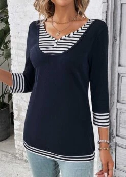Navy Fake 2in1 Striped T Shirt 11 Navy Fake 2in1 Striped T Shirt -Modlily Shop 333952 P 16879426552073